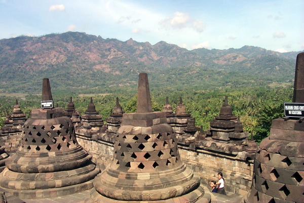 View of the latticework stupas against the distant mountains.